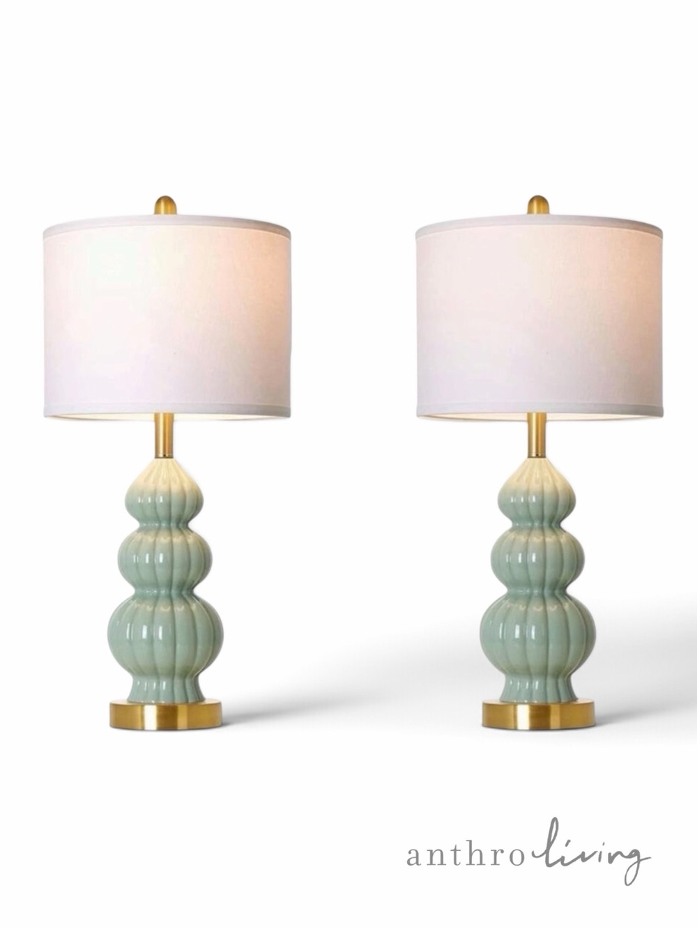 NEW Anthropologie Set / 2 Sage Green Gold Ceramic Boho Table Lamps Lighting 28"